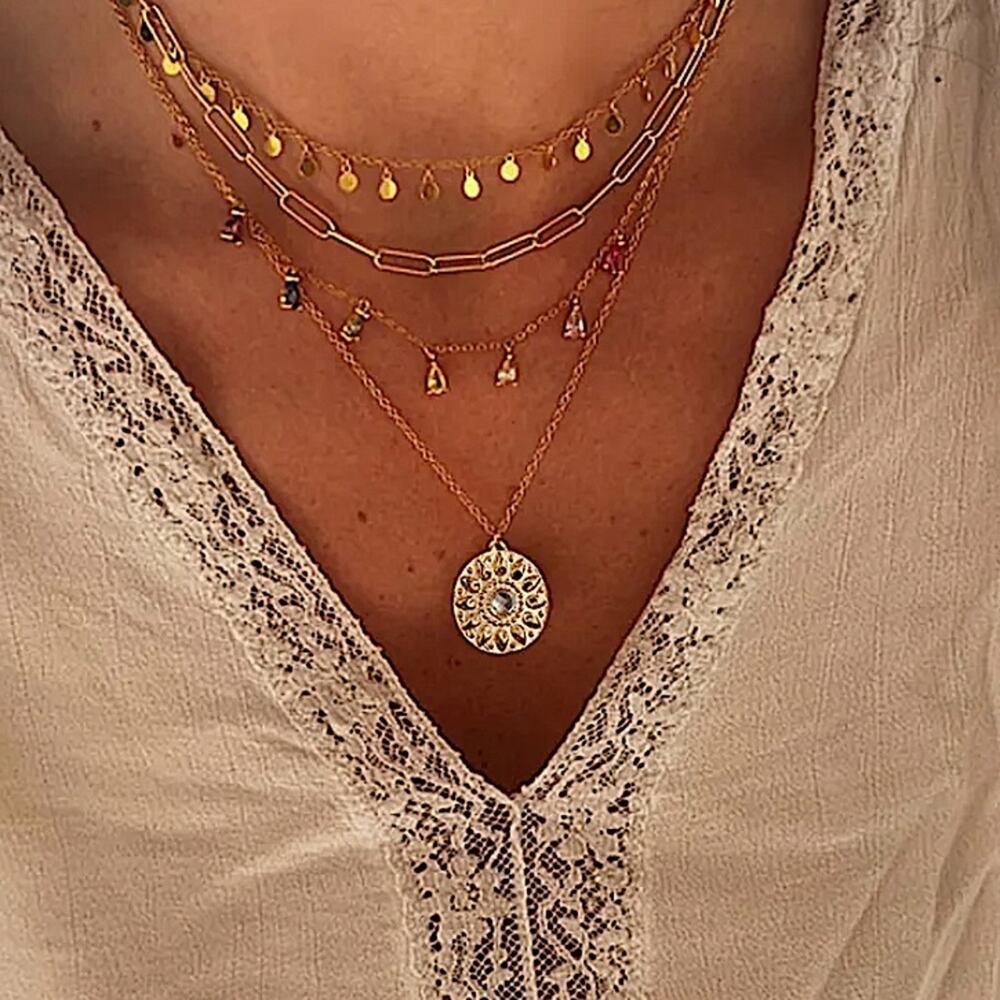 Gold Multilayer Boho Gemstone Drop Sun Paperclip Disk Necklace - Picture 1 of 6